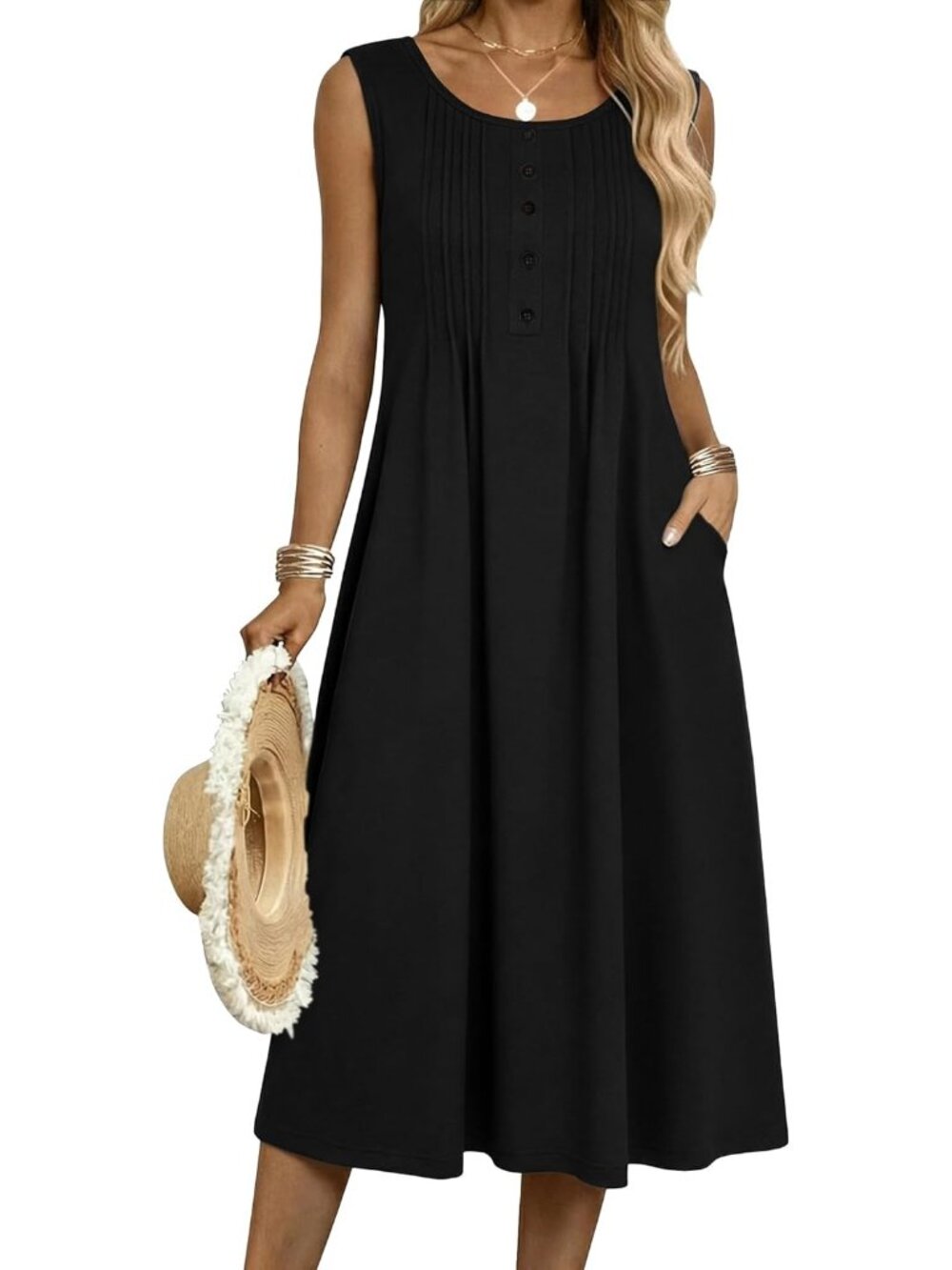 Women's Black Flowy Aline Casual Midi Tank Dress Beach Boho Vacation Sundress
